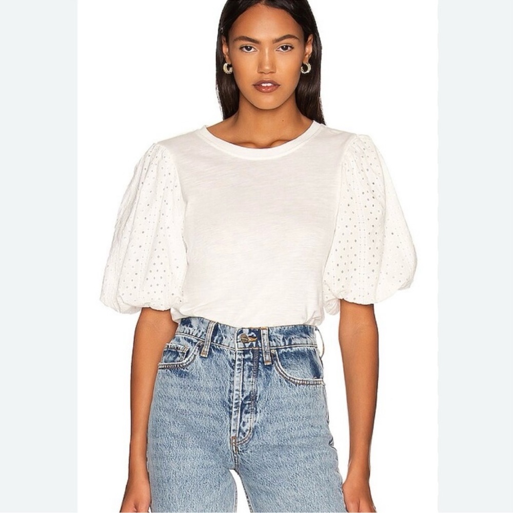 Sanctuary Women's Eyelet Puff Sleeve Blouse Stretch in white Size Large